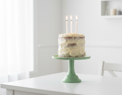 Small Sage Green Melamine Cake Stand with Realistic Cake and White Candles