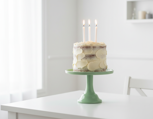 Small Sage Green Melamine Cake Stand with Realistic Cake and White Candles