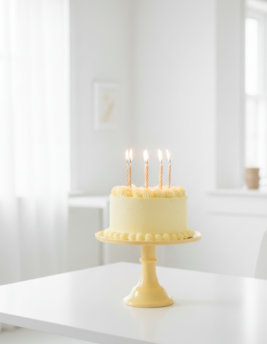 Soft Yellow Cake Stand with Cake and Candles in Bright White Room
