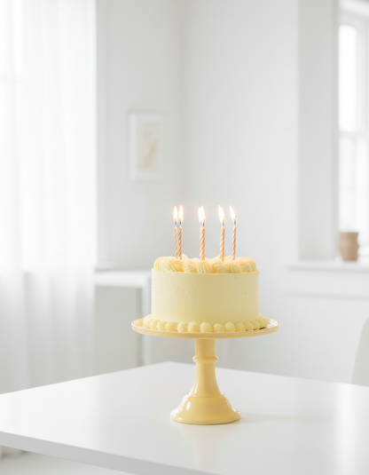 Soft Yellow Cake Stand with Cake and Candles in Bright White Room