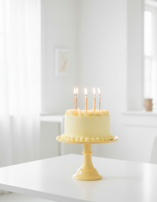 Soft Yellow Cake Stand with Cake and Candles in Bright White Room