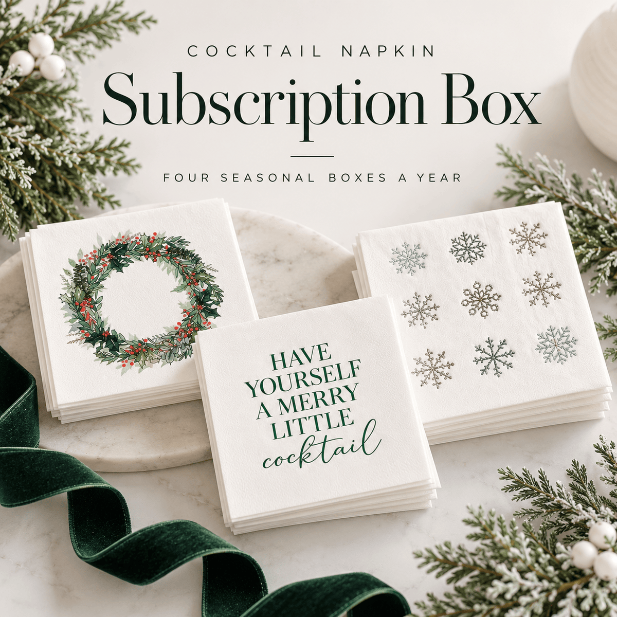 Designer Cocktail Napkins Winter Subscription Box - EnFete' s quarterly Made in the USA hostess subscription box.