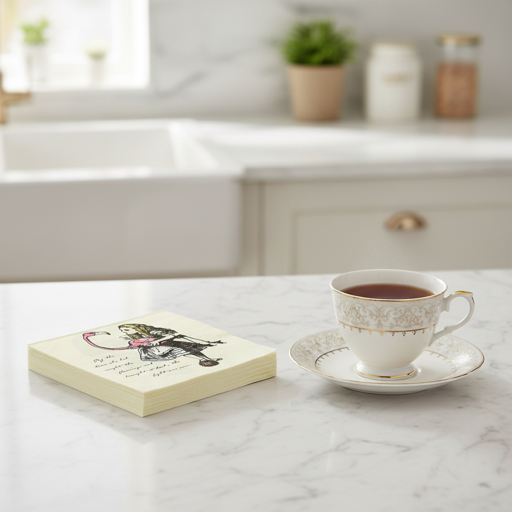 Stack of Alice in Wonderland napkins in bright kitchen