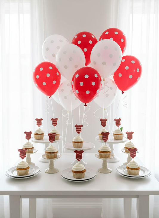 Table display with red polka dot cupcakes and red and white balloons