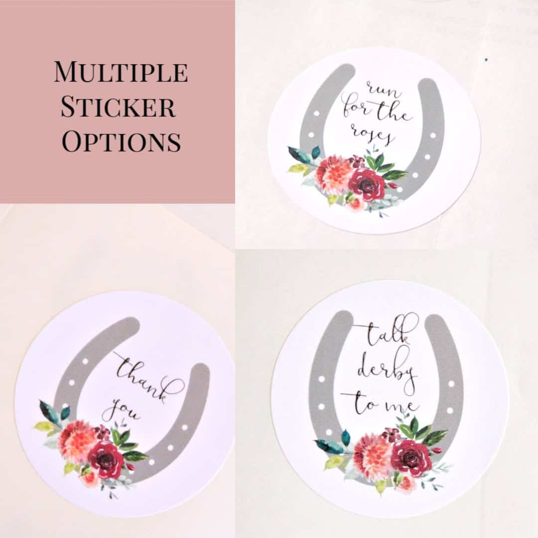 Talk Derby to me Run for the roses and Thank you Derby party or Derby bridal shower stickers with a grey horseshoe and coral and purple roses
