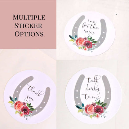 Talk Derby to me Run for the roses and Thank you Derby party or Derby bridal shower stickers with a grey horseshoe and coral and purple roses