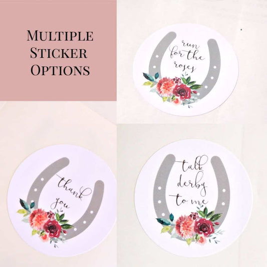 Talk Derby to me Run for the roses and Thank you Derby party or Derby bridal shower stickers with a grey horseshoe and coral and purple roses