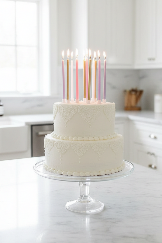 Tall White Birthday Cake with Blush Pink Lavender Gold Candles