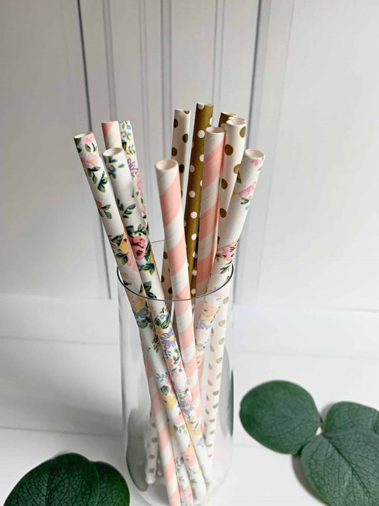 Floral Tea Party mix of straws for a baby in bloom baby shower, Kentucky Derby bridal shower or tea party.