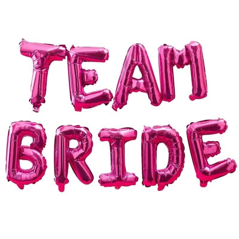 Team Bride Balloon Letters in Hot Pink Mylar for a bridal shower backdrop