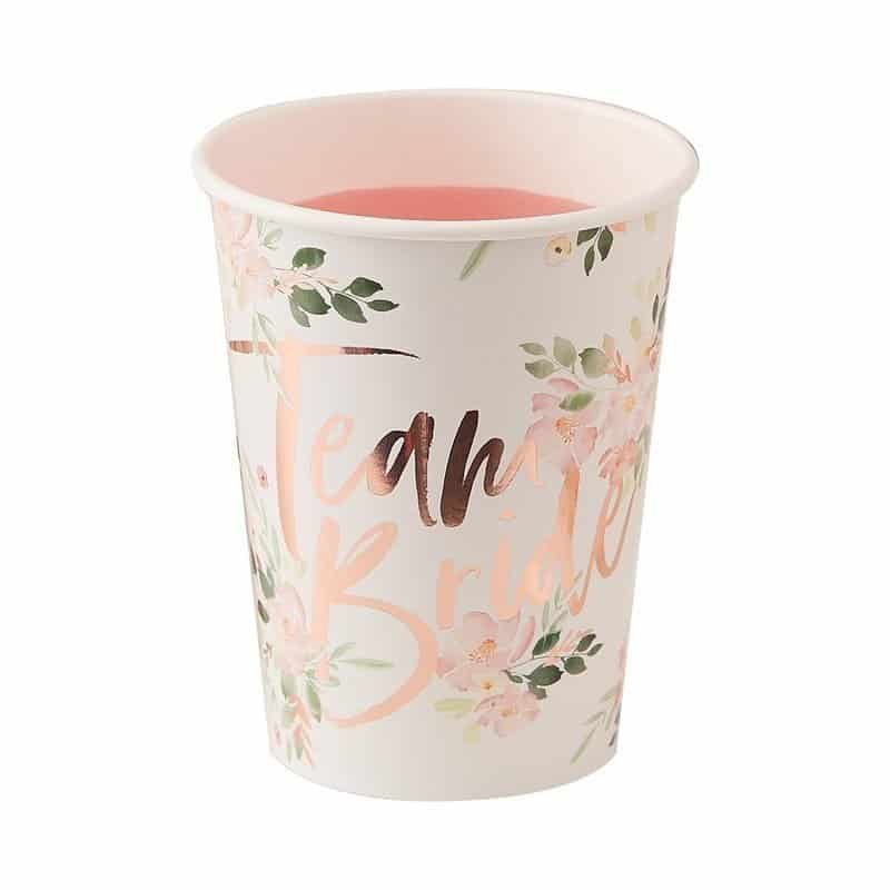 Team Bride floral paper cups for a bridal shower or bachelorette party with rose gold foil