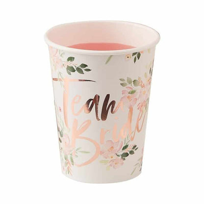 Team Bride floral paper cups for a bridal shower or bachelorette party with rose gold foil