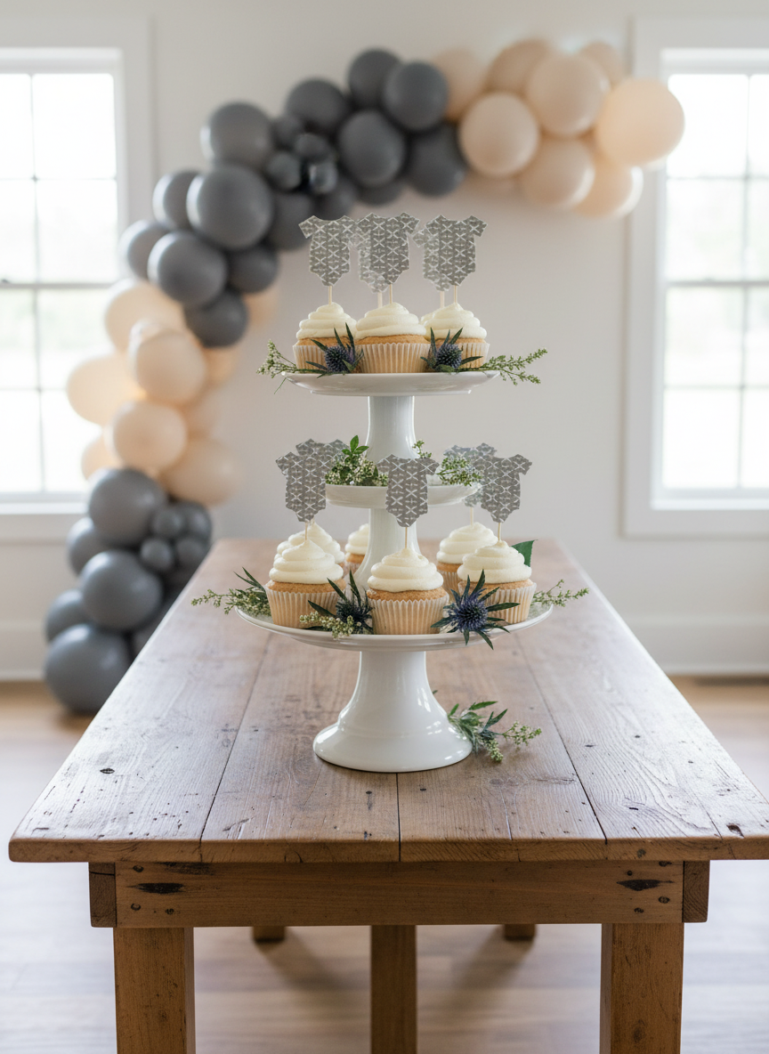 Tiered dessert stand with onesie toppers
