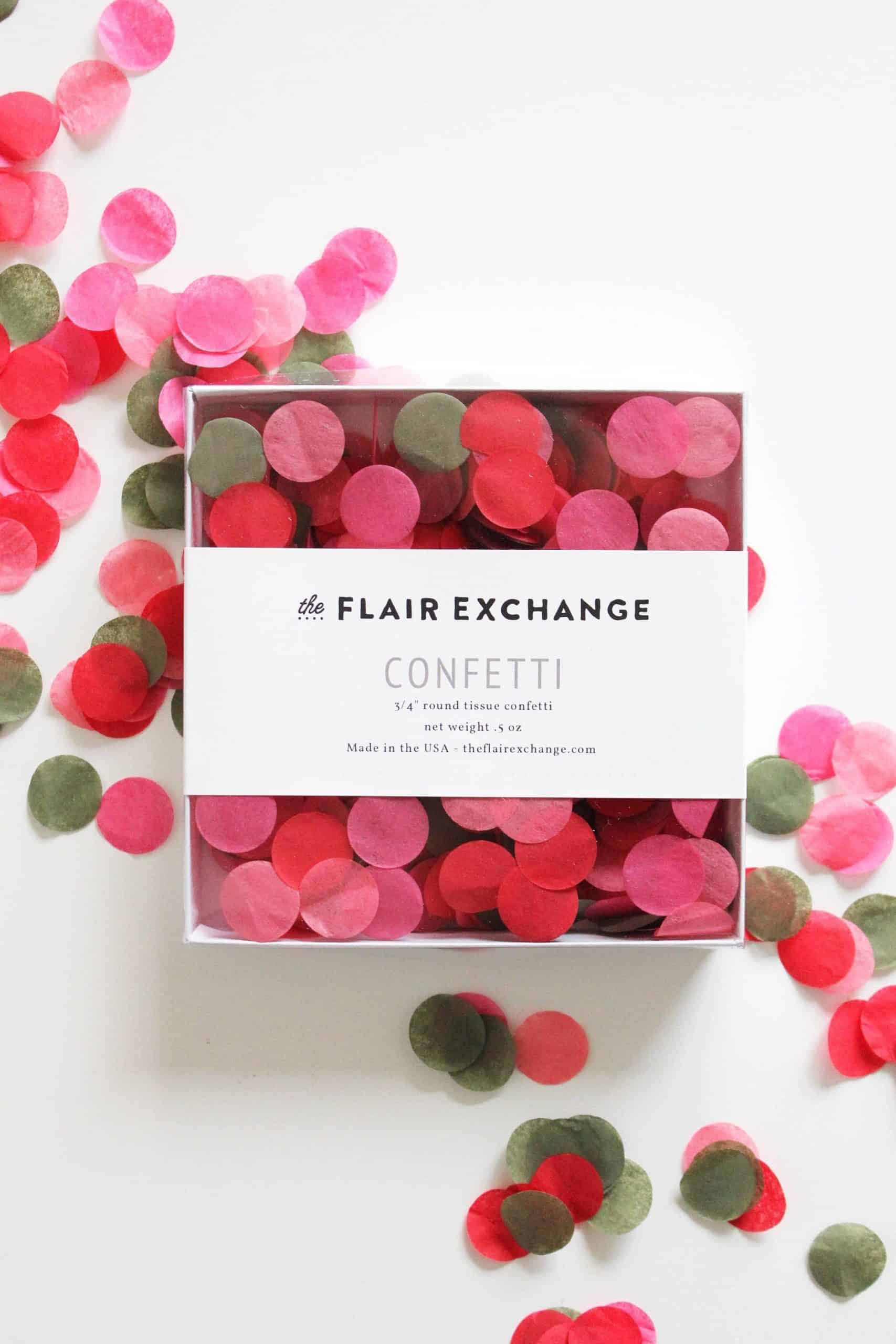 Tropical Confetti in coral red and olive green perfect for a bridal shower or fiesta party