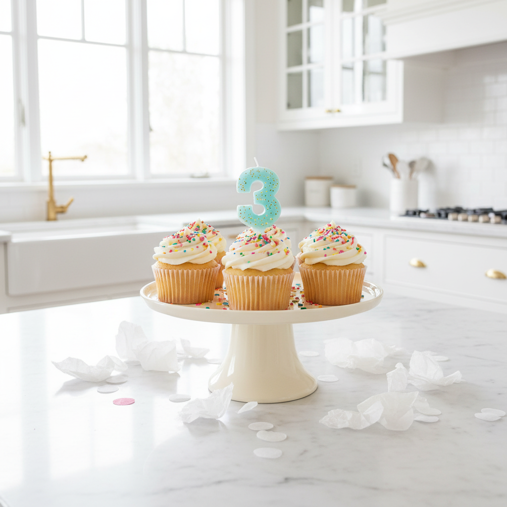 Turquoise Glitter Number 3 Candle on Cupcakes