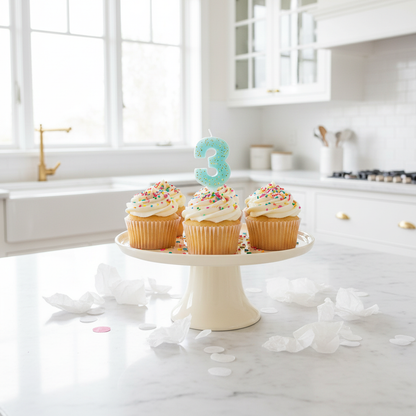 Turquoise Glitter Number 3 Candle on Cupcakes