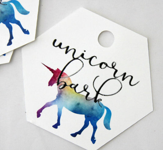 Unicorn Bark tags to make DIY party favors for your unicorn or rainbow party. Script font unicorn bark with a watercolor unicorn silhouette.