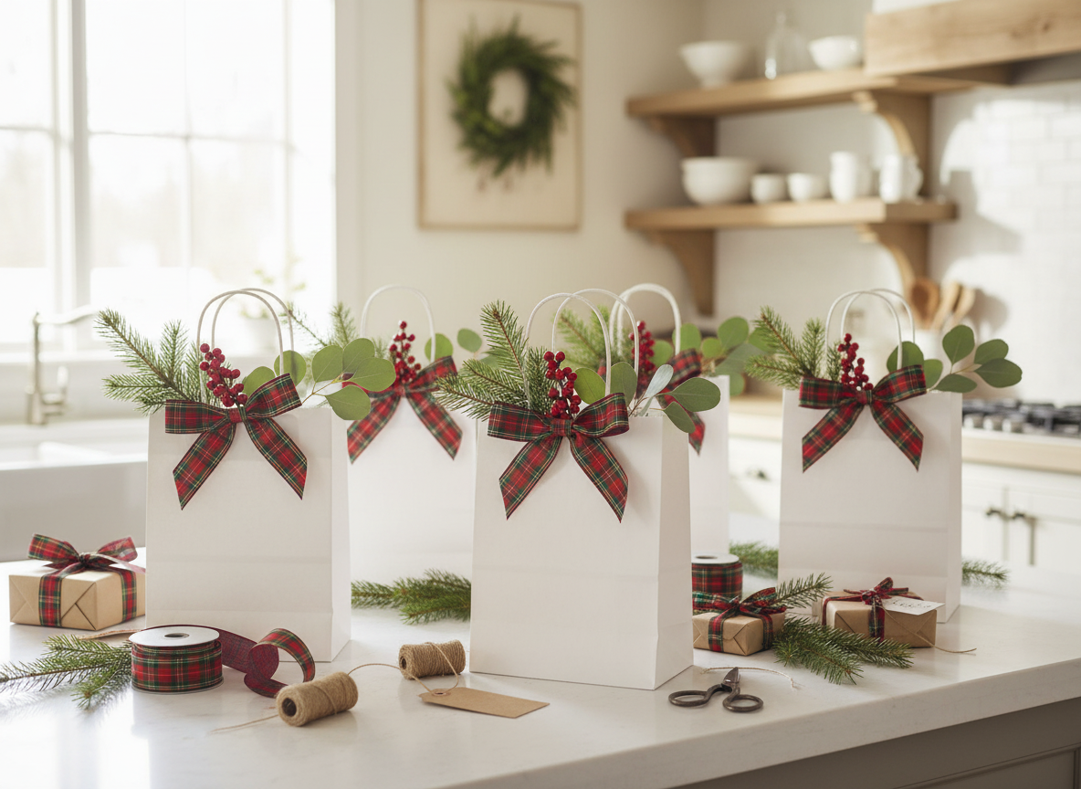 White Gift Bags with Pine & Tartan - Image 5