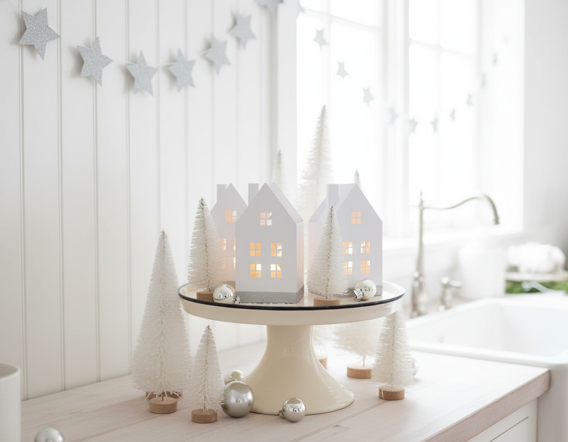 White Paper Houses on Cake Stand Close-up