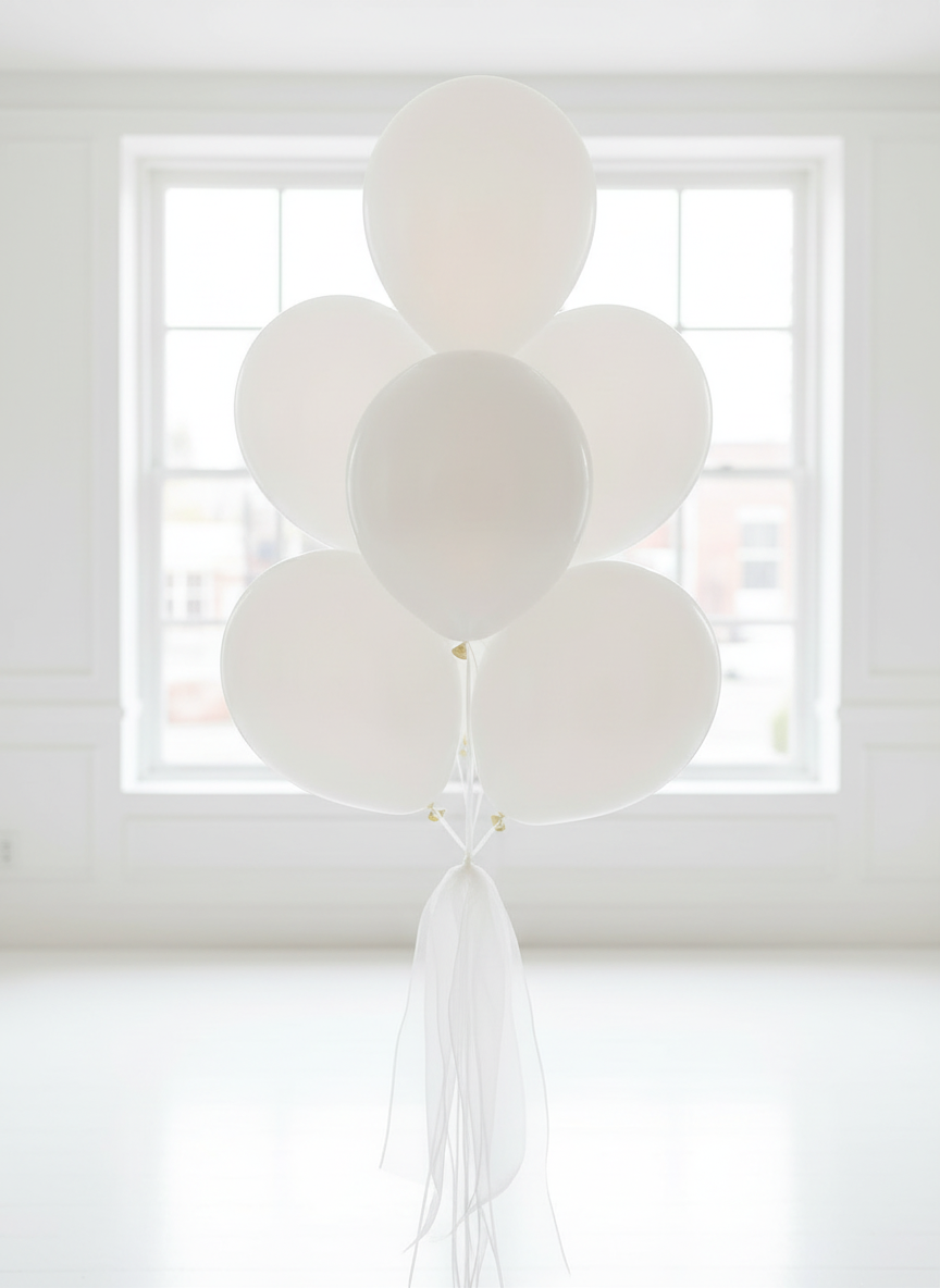 White pearl balloon bouquet with white organza ribbons