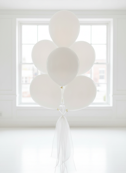 White pearl balloon bouquet with white organza ribbons