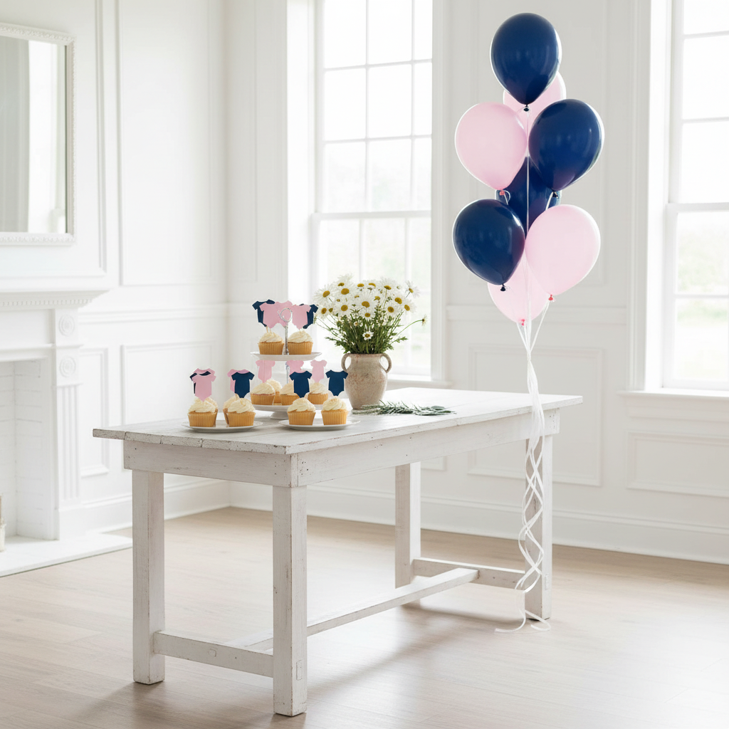 White table with cupcakes daisies and balloons