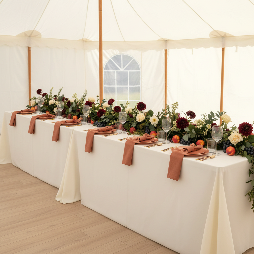 White tent wedding with wildflowers