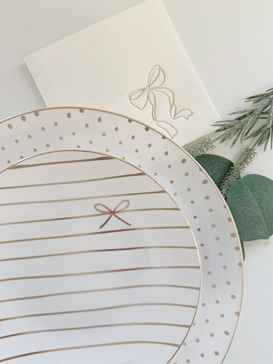 White and Gold Bow & Polka Dot Plates - Bridal Shower Disposable Dinnerware Set | 40 Count