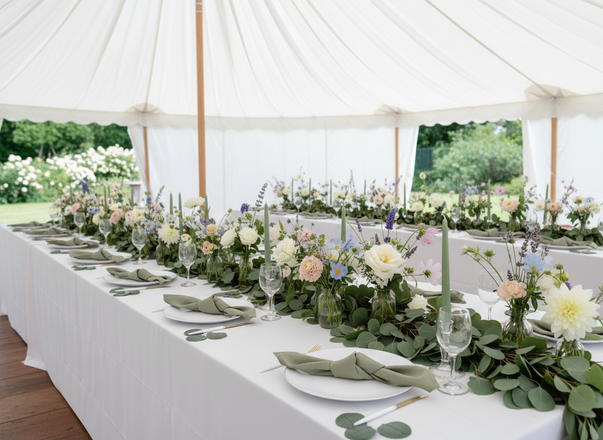 Wide angle white tent wedding table