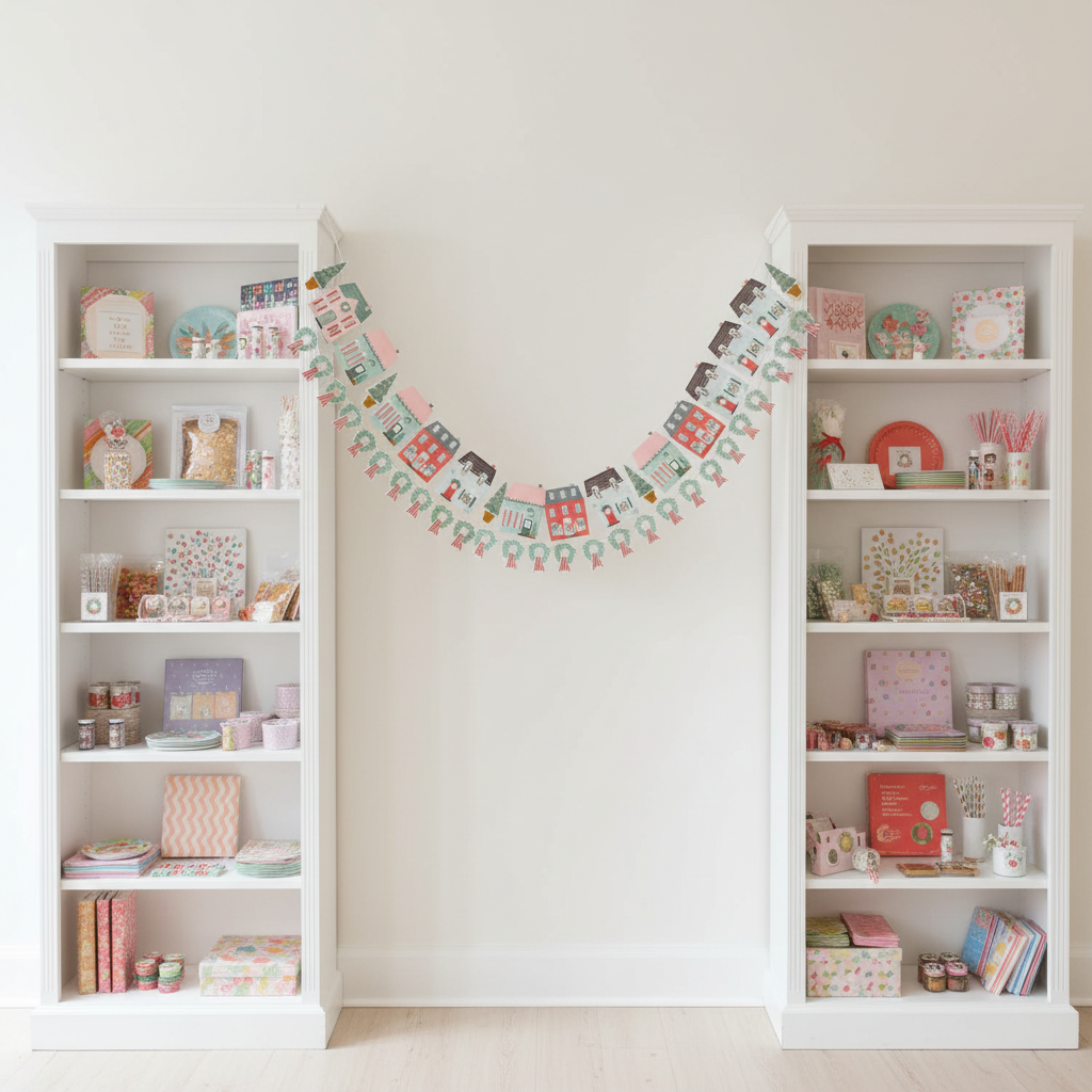 Winter village houses banner between bookcases - wide shot