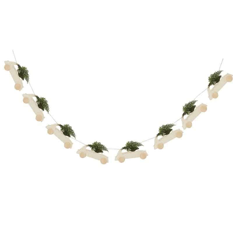 Wooden Cars Christmas Banner with Little Christmas Trees on top of each Volkswagen Bug Car